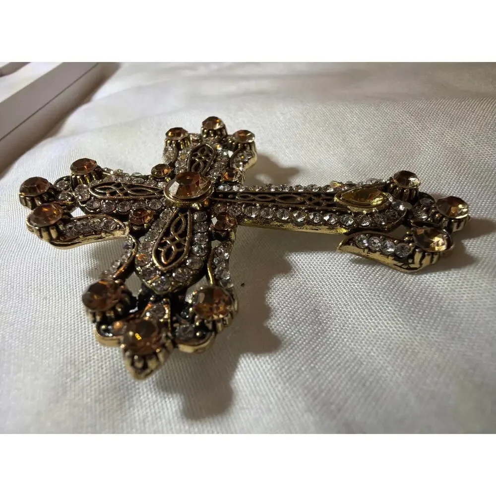 Vintage Gold Tone Cross Brooch Amber Clear Rhinestone Filigree Religious Pin